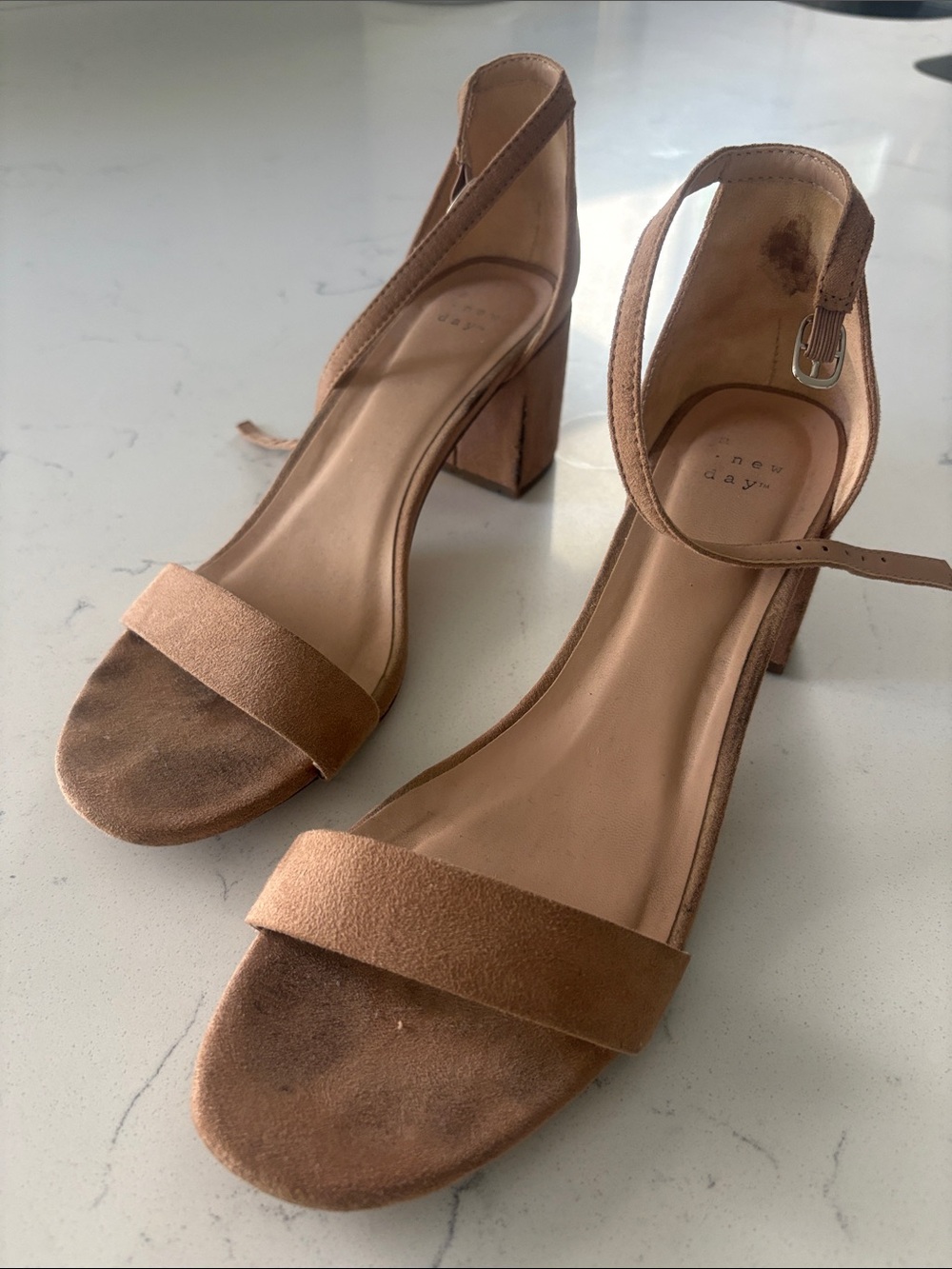a new day Brown Suede Block Heel Ankle Strap Sandals
